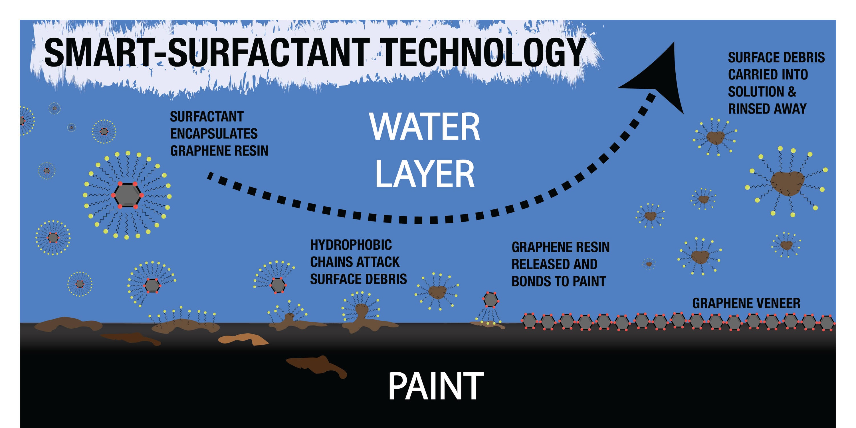 Graphene Wash utilizes Smart Surfactant Technology to remove dirt and debris from
your automotive surface while depositing a thin veneer of Graphene protective
coating. Graphene wash's hydrophobic chains attack surface debris to remove from
surface while Graphene resin bonds to paint to form a protective veneer.