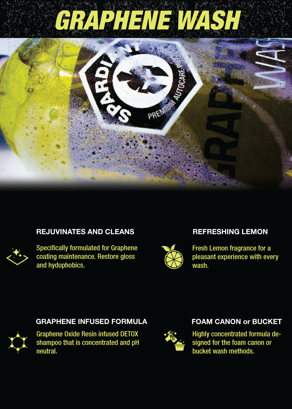 Graphene Wash is a graphene ceramic rejuvenating shampoo specifically designed
to clean and restore the hydrophobic properties of your ceramic coated surface.
Infused with Graphene Oxide Resins and a fresh Lemon fragrance, this shampoo is
safe for Foam Canon or bucket wash methods.