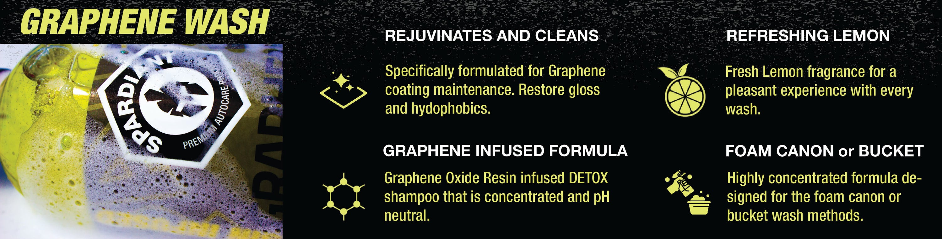 Graphene Wash is a graphene ceramic rejuvenating shampoo specifically designed
to clean and restore the hydrophobic properties of your ceramic coated surface.
Infused with Graphene Oxide Resins and a fresh Lemon fragrance, this shampoo is
safe for Foam Canon or bucket wash methods.