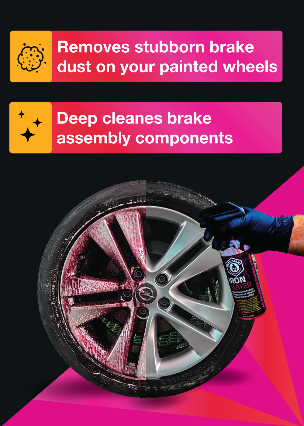 Wheel being chemically treated to remove iron deposits. Wheel turning purple as chemical reaction occurs.