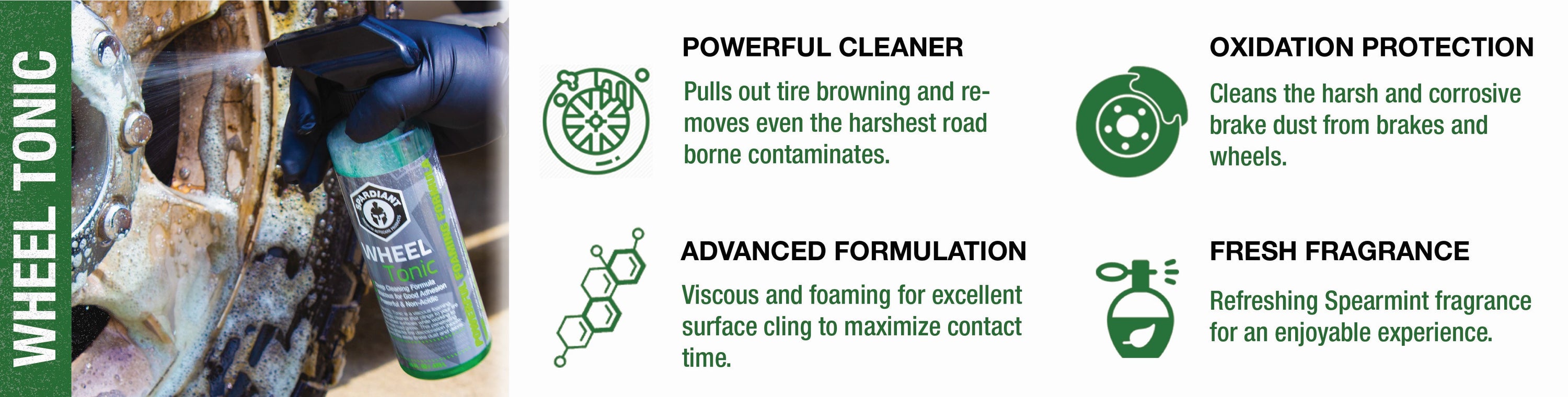 Wheel Tonic being applied to wheel and tire surface. Wheel Tonic is an advanced formulation that combines a powerful cleaner with oxidation protection in a fresh spearmint fragrance.