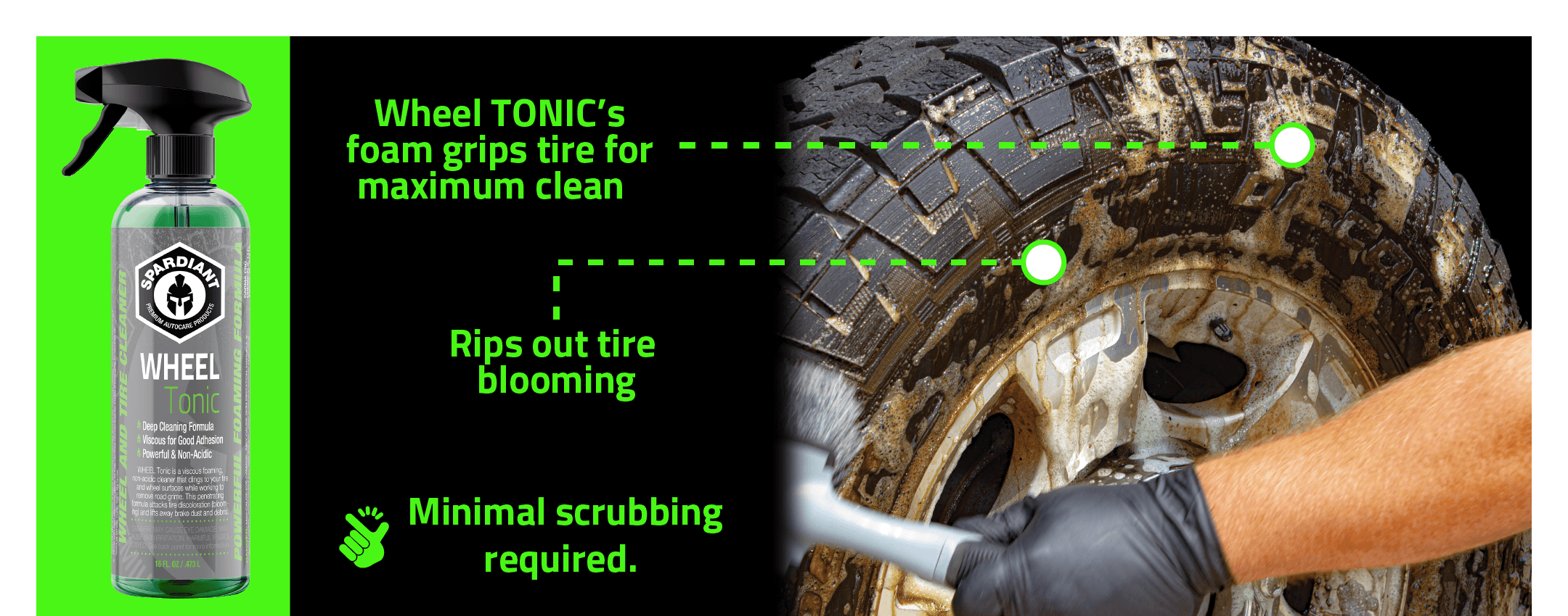Wheel Tonic's foam clings to your wheel to rip out tire blooming. Minimal scrubbing required.