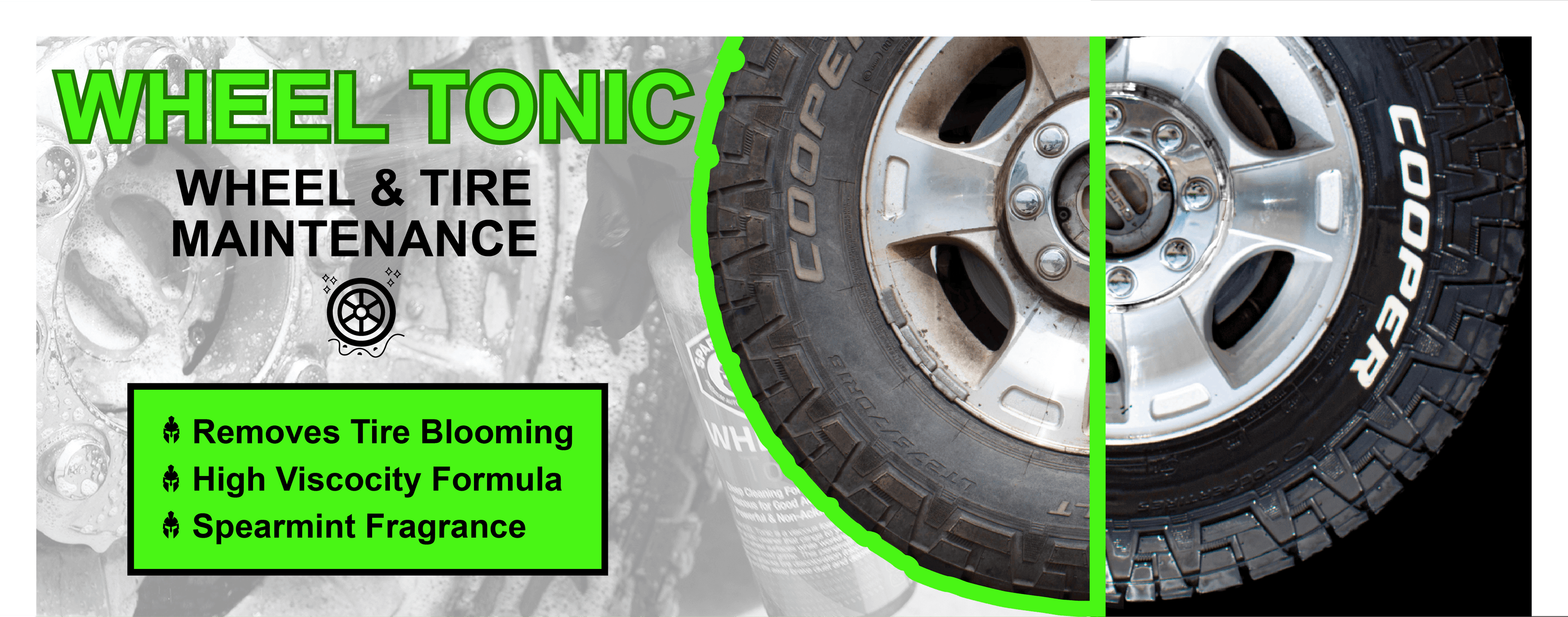 Image of a wheel and tire showing before and after using SPARDIANT Wheel Tonic wheel and tire cleaner.