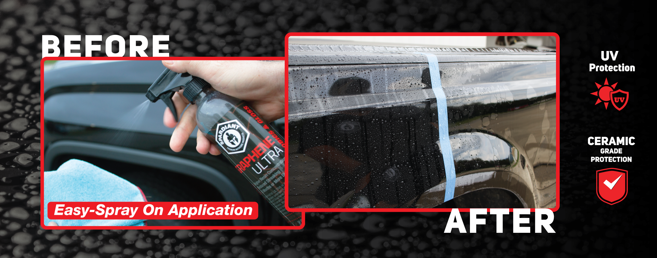 Before and after image showing the enhanced water beading results of Graphene Ultra ceramic spray.