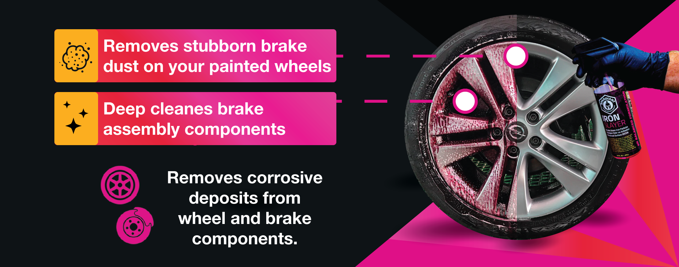 Wheel being chemically treated to remove iron deposits. Wheel turning purple as chemical reaction occurs. 